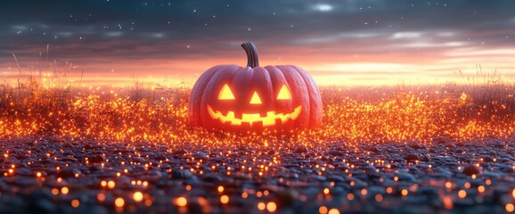Glowing jack-o'-lantern in a field, sky at dusk