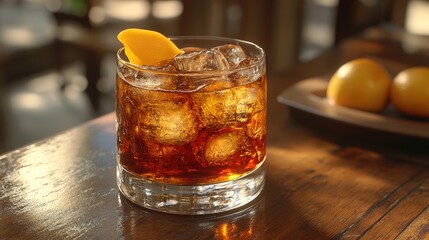 Dark amber cocktail with ice and orange zest