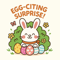 Egg citing surprises await on Easter day as cheerful bunny sits among colorful eggs surrounded by flowers and butterflies, bringing joy and delight to festive celebration
