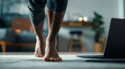 Naklejka premium Close up of athletic feet in motion, showcasing dynamic workout environment with laptop nearby
