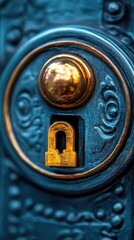 Ornate door lock details with gold & blue hues create a mysterious and timeless look