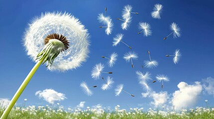 Outdoor dandelions scattering seeds in the wind with blue sky background. Suitable for environment and season theme design.
