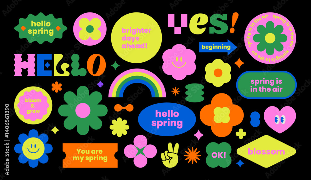 Fototapete colorful spring sticker pack. flower shape label set. retro patch collection. groovy text slogan. ge