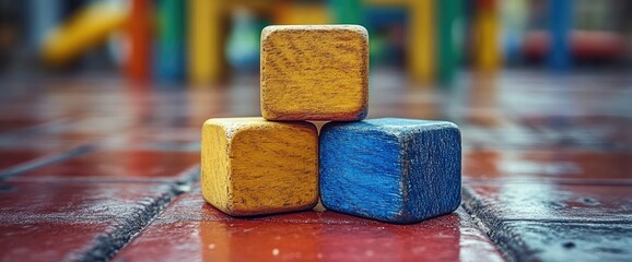 Three stacked wooden blocks on brick floor. Colorful playground in the background, out of focus