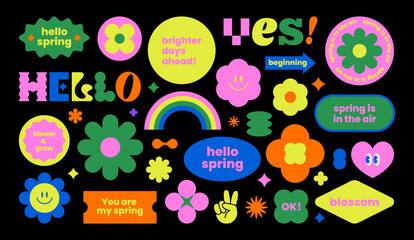 Colorful spring sticker pack. Flower shape label set. Retro patch collection. Groovy text slogan. Geometric element. Brutalism aesthetic. Flat vector illustration.
