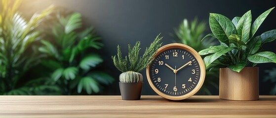 Peaceful workspace with plants and clock