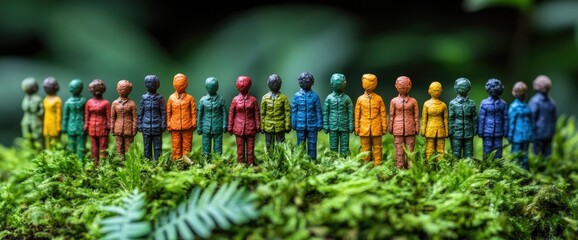 Colorful figurines stand together on mossy ground, a diverse group in nature's setting