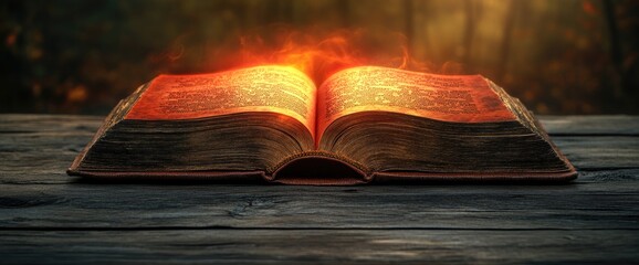 An open book emitting a bright orange glow rests on a wooden table with a blurry forest background