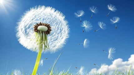Dandelion scattering seeds in the sun with blue sky background. Suitable for environment and season theme design.