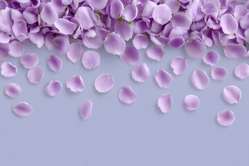 Fototapeta premium A pattern of lilac flowers falling through the air, creating an abstract background with petals arranged around it. The background is a mix of gray and purple.