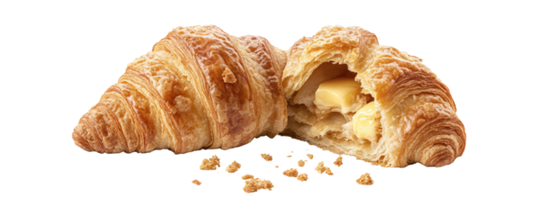 a freshly baked buttery croissant, with flaky layers and a filling of melting butter. It's a delicious and classic pastry often enjoyed for breakfast or as a snack.