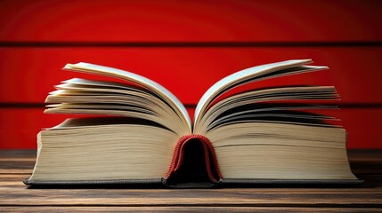 Opened book on wooden surface, pages spread, spine visible, red background