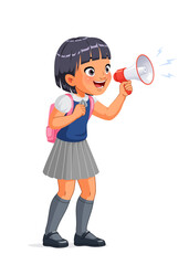 Cute little Asian school girl with a loudspeaker screaming excitedly. Cartoon vector illustration.