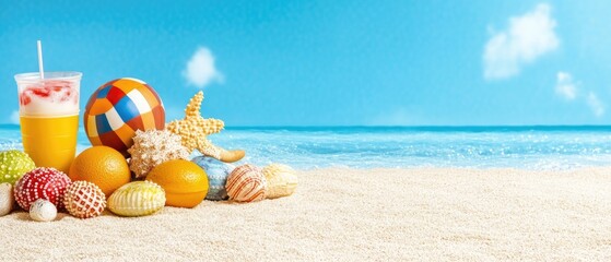 Summer beach scene with drinks and shells