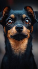 A dark dog with bright eyes stares intently, framed closely from the chest up in a soft background