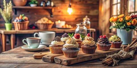 Naklejka premium Rustic Kitchen Setting with an Assortment of Deliciously Decorated Cupcakes and Aromatic Beverages on a Wooden Table