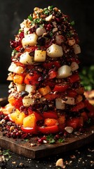 A towering stack of colorful chopped vegetables on a wooden board