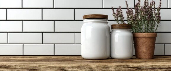 Jars and plant on a shelf