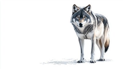 Obraz premium Banner with illustration of a wolf standing proudly with thick gray and white fur, sharp eyes looking forward, white background