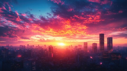 A vibrant city skyline at sunset, featuring dramatic clouds and illuminated buildings against a colorful sky.