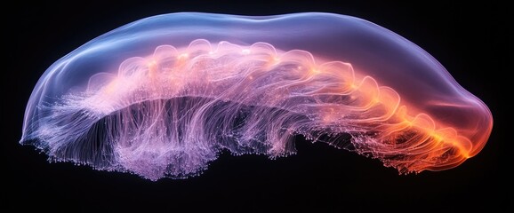 Translucent jellyfish with vibrant orange to blue colors against a black background