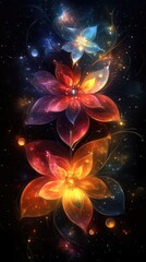 Three glowing, colorful floral forms emerge amidst cosmic dust, creating a vibrant, celestial spectacle