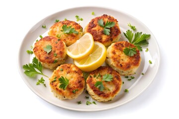 Crispy Fish Cakes Served with Lemon and Parsley