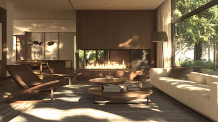Fototapeta premium Modern Living Room Stunning Interior Design Visualization with fireplace, Scandinavian interior home design with corner gray sofa, apartment with white and gray walls with a relief and gray furniture.