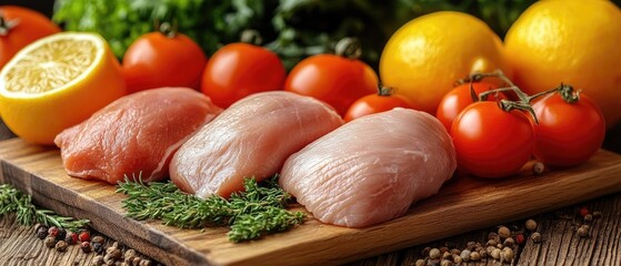 Fresh meat on wood, with tomatoes, lemons, spices, and greens. Healthy food