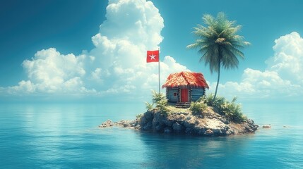 Tropical isle tiny hut with red roof, palm tree, & red flag on a small sandy island