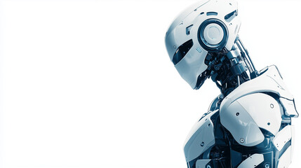 Minimalist AI robot themed banner, robot silhouette with geometric shapes and futuristic design, white and metallic blue colors give a modern and sophisticated impression 