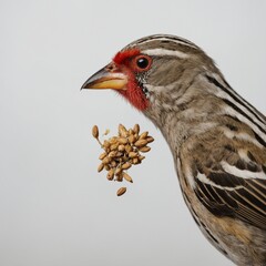 "Close-up of a finch feeding on a small seed, intricate details of its tiny beak and feathers, realistic texture, white background."