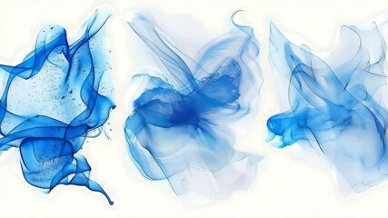 Three abstract blue ink paintings on a white isolated background
