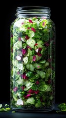Freshly made salad in jar, cucumber, radish, greenery, pink petals stacked