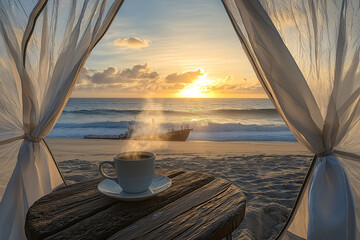 Beautiful Steaming Cup Coffee Sits Rustic Wooden Table Inside Beachside Tent. View Through Sheer Curtains Shows Sunrise Over Ocean Ship Grounded Shore.