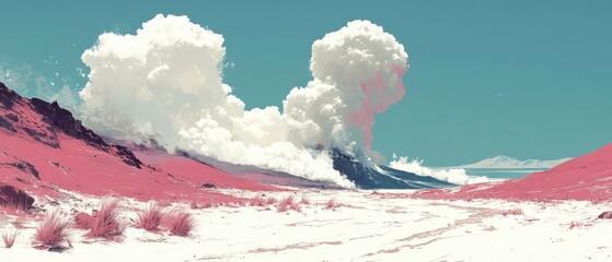 Erupting volcano with billowing clouds, surreal landscape in pink and white tones under a clear blue sky