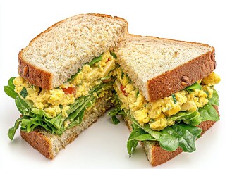 Delightful sandwich featuring a fresh egg salad whole wheat bread and crisp spinach on white surface studio shot