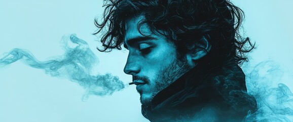 Silhouette of a person smoking, with blue lighting and smoke plumes on a light blue background