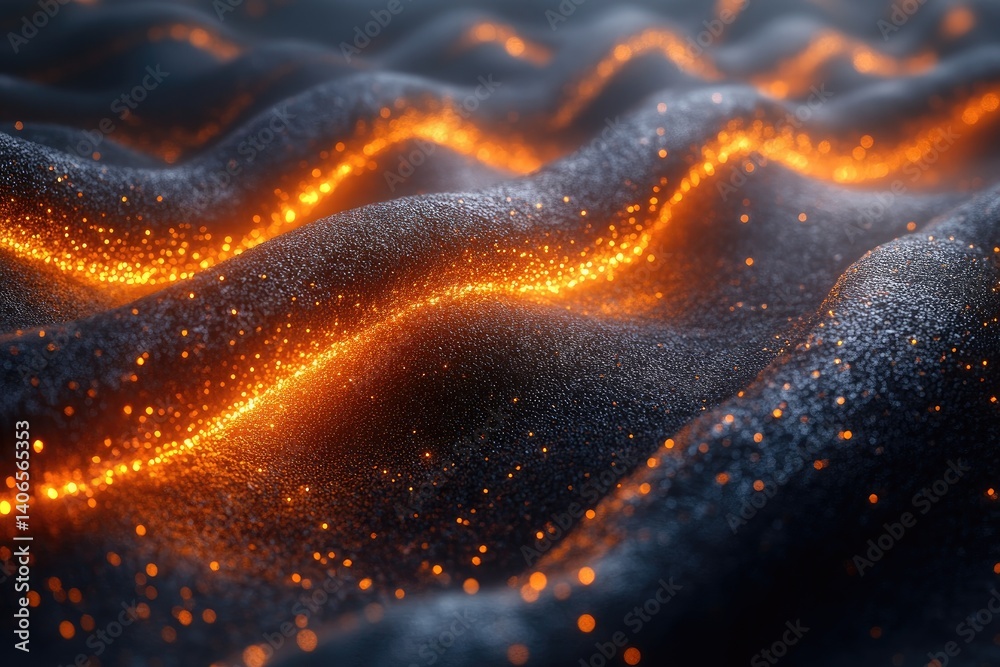 Sticker textured dark surface with glowing orange streams weaving through its undulating form, detailed