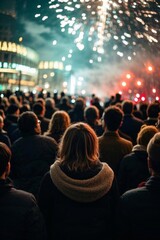 people watching fireworks in the sky at night time