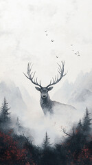 Majestic Deer in Mystical Mountain Forest - Captivating Wildlife and Nature Art Illustration