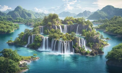 Fototapeta premium Island waterfalls cascade into turquoise lake, lush tropical landscape; travel poster
