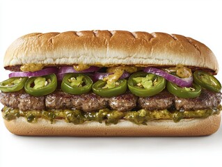 Juicy meatball sandwich with jalapeño and red onion topping on a white background ready to eat