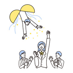 くす玉と合格して喜ぶ女子高校生と女性と男性の先生のシンプルなイラスト素材