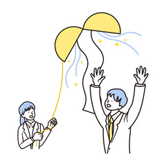 くす玉と合格して喜ぶ男子高校生と女性の先生のシンプルなイラスト素材