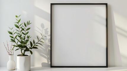 Minimalist black frame with plant on white wall background