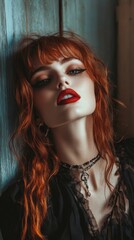 Naklejka premium A young woman with red hair and red lipstick looks intently at the camera.