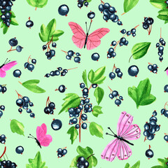 Pattern with blackcurrant and pink butterflies on a green background. Floral background, seamless pattern. Luxury wallpaper, fabric, poster, paper