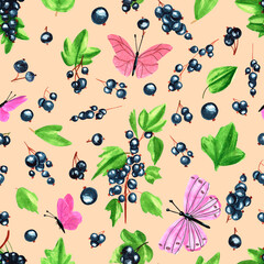 Pattern with blackcurrant and pink butterflies on a peach background. Floral background, seamless pattern. Luxury wallpaper, fabric, poster, paper