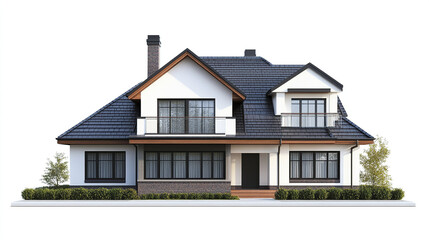 Modern two story house with large windows and dark roof